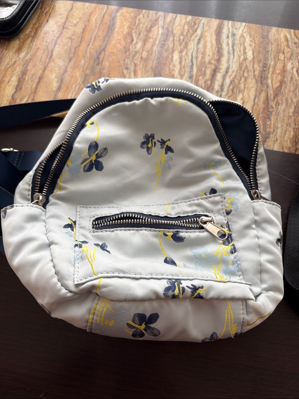 Women's Small Floral Print Crossbody Backpack - White and Navy